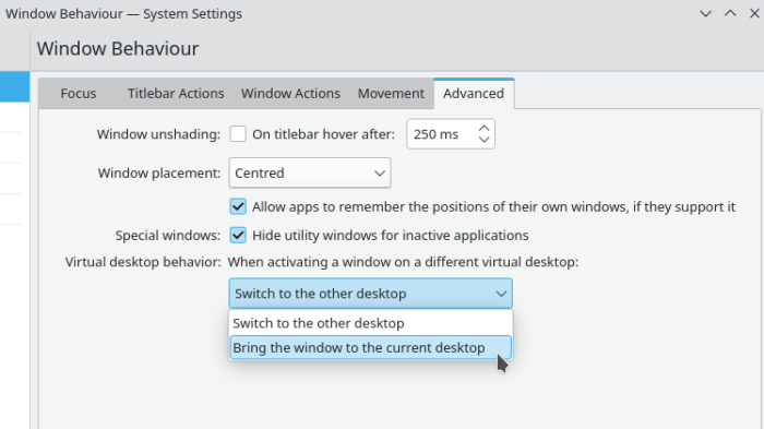 Screenshot of Option to bring window to current virtual desktop when activiated on different desktop